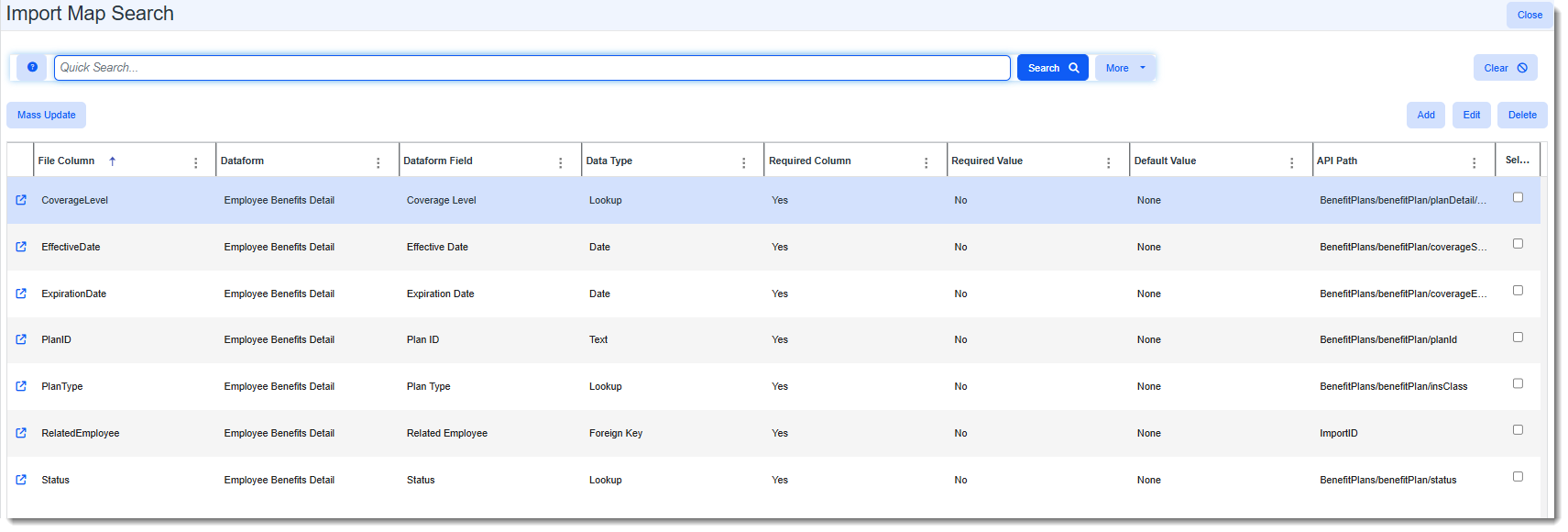 Employee Benefits Detail Dataform Fields